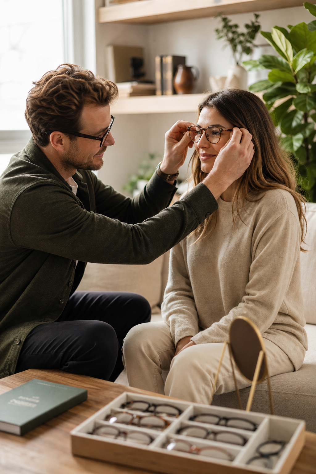 Opticien Loptic aidant une cliente à essayer des montures, assise sur un canapé chez elle
